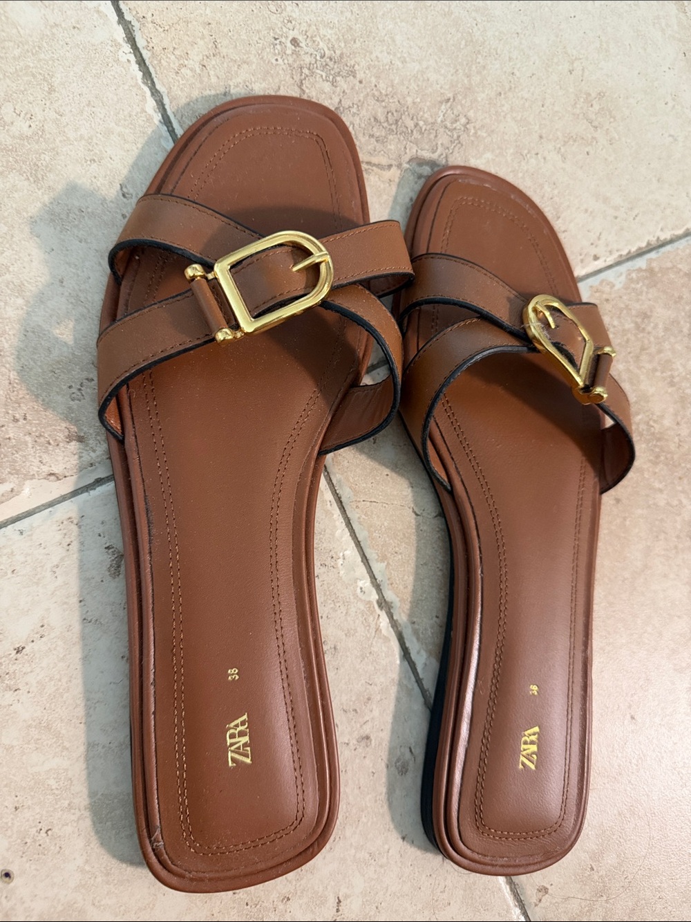Zara Tan Leather Slide Sandals with Gold Buckles - Picture 5 of 7